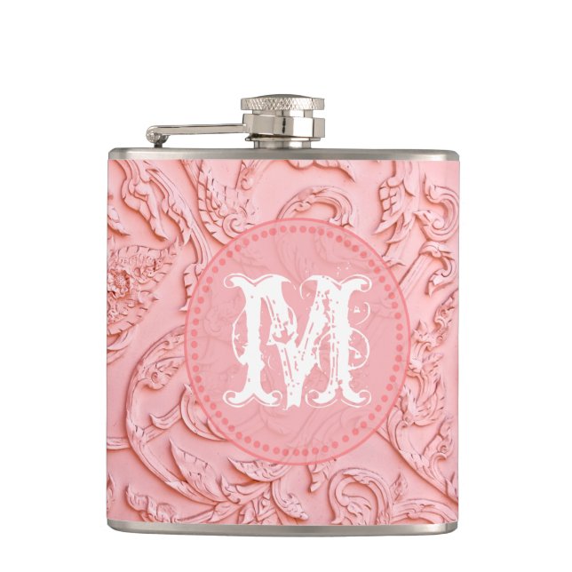 Rosa Filigree Wood Carving Monogram Whiskey-kolv Fickplunta (Framsidan)