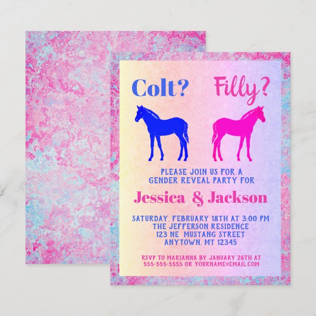 Rosa Filly & Blue Colt Western Stil Gender Reveal Inbjudningar (Fram/baksida)