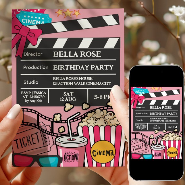 Rosa filmkvälls födelsedagsfest för tjejer inbjudningar (Skapare uppladdad)