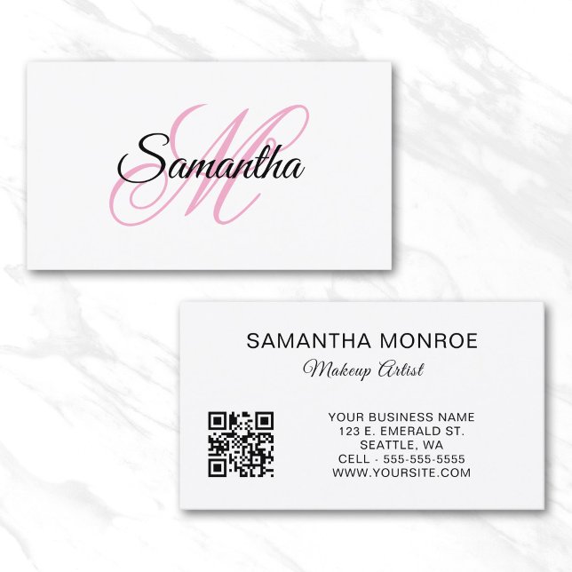 Rosa Fin Monogram QR-kod Visitkort (Pink Fancy Monogram QR Code Business Card)