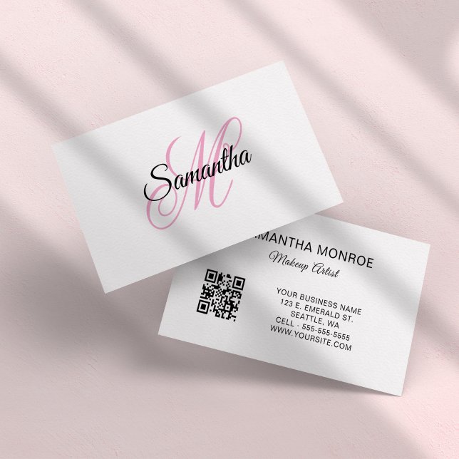 Rosa Fin Monogram QR-kod Visitkort (Pink Fancy Monogram QR Code Business Card)