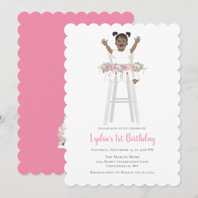 Rosa First Birthday Girl High School Inbjudningar (Fram/baksida)