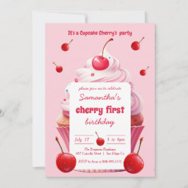 Rosa First Cherry & Cupkaka Födelsedagsfest Inbjudningar