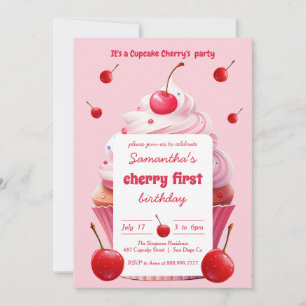 Rosa First Cherry & Cupkaka Födelsedagsfest Inbjudningar