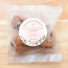 Rosa  First Communion - förmånsmärke för flicka Runt Klistermärke