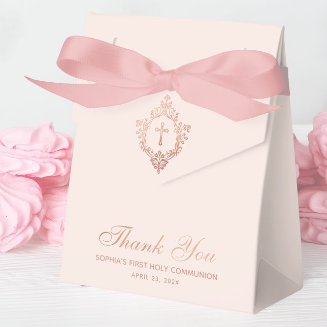 Rosa First Communion Girl Elegant Ro Guld Vapenskö Presentaskar (Tent favor box with pink meringues)