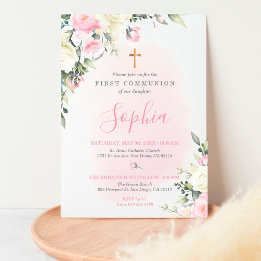 Rosa  First Communion-inbjudan till flicka Inbjudningar