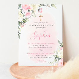 Rosa  First Communion-inbjudan till flicka Inbjudningar