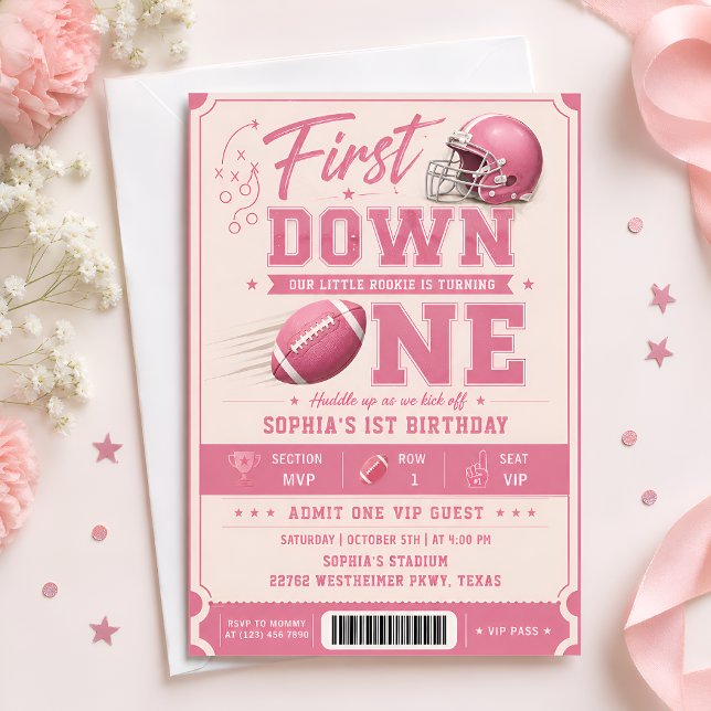 Rosa First Down One Fotboll 1-årsdag Inbjudningar (Skapare uppladdad)