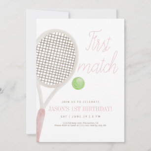 Rosa First Match Tennis Birthday-inbjudan Tack Kort