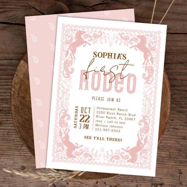 Rosa First Rodeo Birthday bjudande - Cowgirl Wes Inbjudningar (Pink Wild West Birthday Invite)