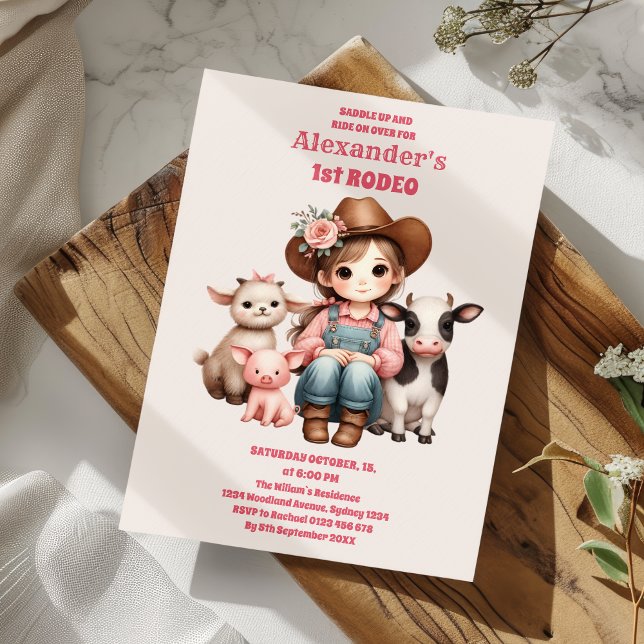 Rosa First Rodeo Cowgirl 1st Birthday Inbjudningar (Skapare uppladdad)