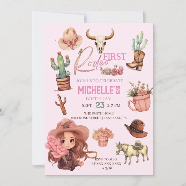 Rosa First Rodeo Cowgirl Western Födelsedagsfest Inbjudningar (Framsida)
