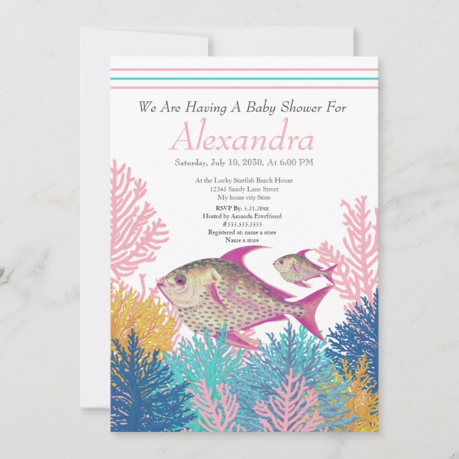 Rosa Fish, Teal Coral Ahoy Baby Shower-inbjudan (Framsida)