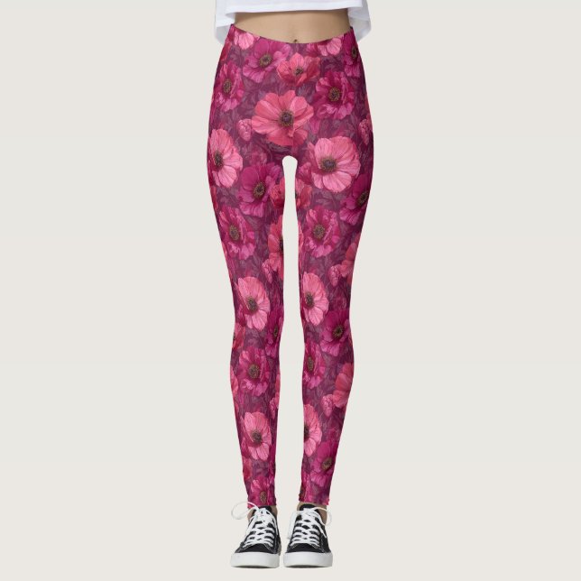 Rosa Fitness Mode Anemoner Estetiska Mammor Leggings (Framsida)