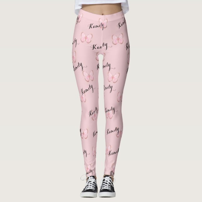 Rosa fjäril anpassat namn mönster Leggings (Framsida)