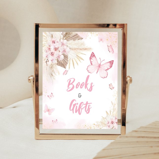 Rosa fjäril Baby Shower Böcker och Gåvor Skylt (Girl Butterfly Pampas Grass Baby Shower Books and Gifts Sign)