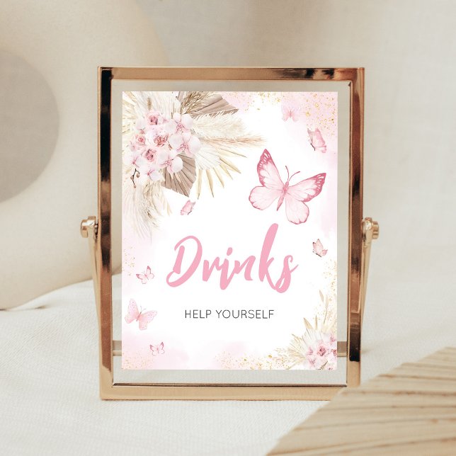 Rosa fjäril Baby Shower Dryckes skylt (Girl Butterfly Pampas Grass Baby Shower Drinks Sign)