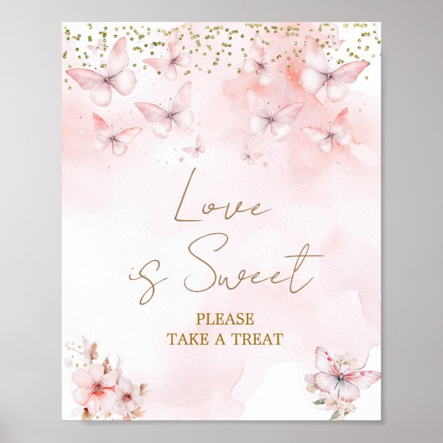 Rosa fjäril Baby Shower Flicka  Kärlek är sött Poster (Framsidan)