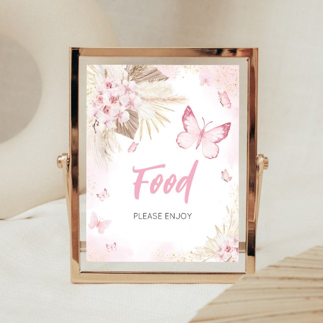 Rosa fjäril Baby Shower mat skylt (Girl Butterfly Pampas Grass Baby Shower Food Sign)