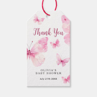 Rosa fjäril baby shower tack presentetikett