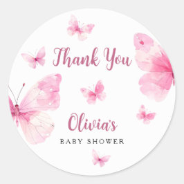 Rosa fjäril baby shower tack runt klistermärke