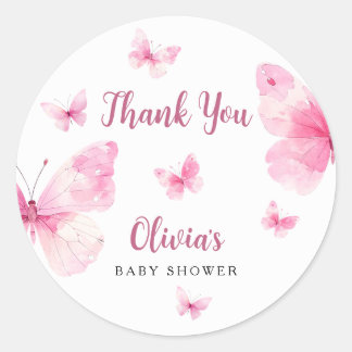 Rosa fjäril baby shower tack runt klistermärke