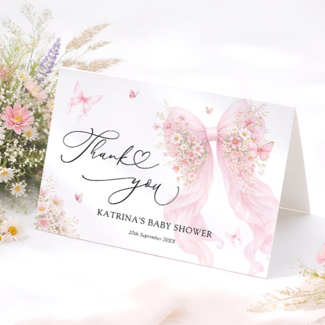 Rosa fjäril baby shower tackkort med rosett (Skapare uppladdad)