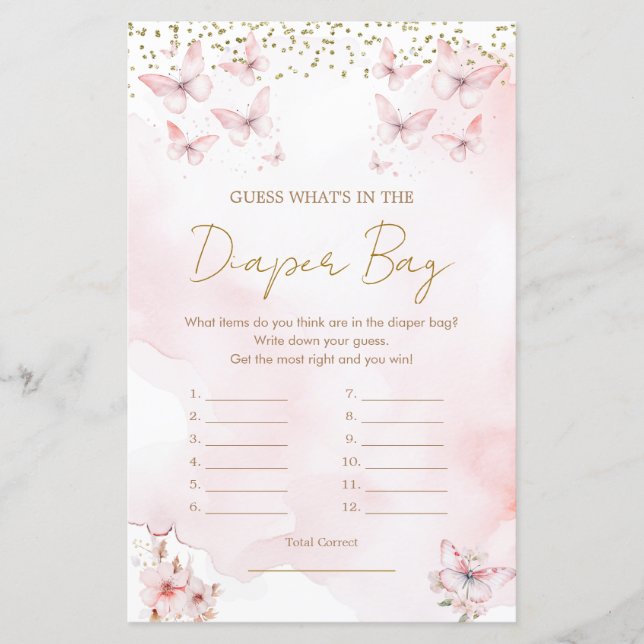 Rosa Fjäril Baby Shower Vad finns i blöjbagen (Framsida)