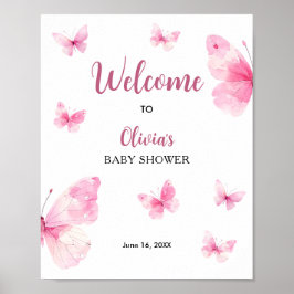Rosa fjäril baby shower välkomstskylt poster
