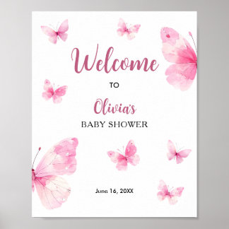 Rosa fjäril baby shower välkomstskylt poster
