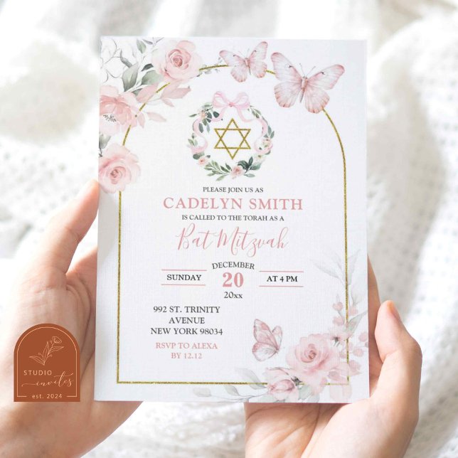 Rosa fjäril Bat Mitzvah blommig Inbjudningar (Skapare uppladdad)