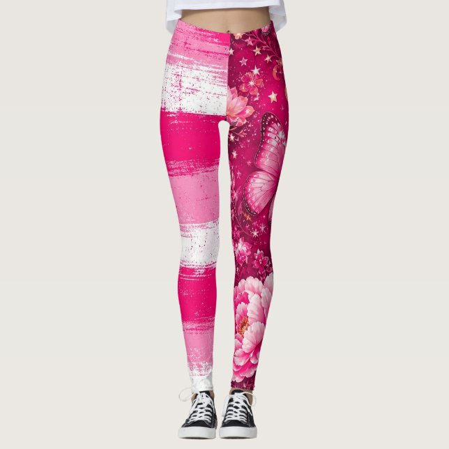 Rosa fjäril blom-leggings leggings (Framsida)