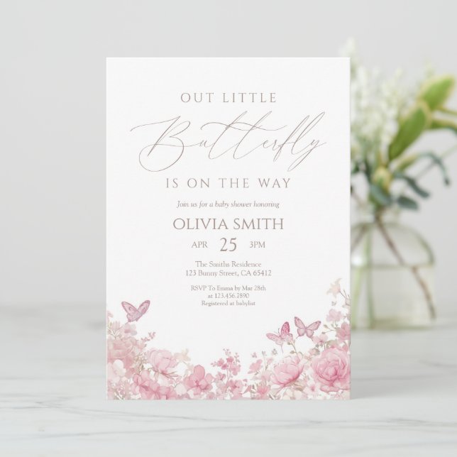 Rosa fjäril Blommig baby shower Inbjudningar (Stående Fram)