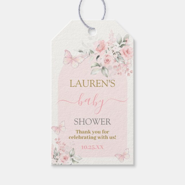 Rosa fjäril Blommig baby shower tjej presentetiket Presentetikett (Framsidan)