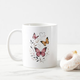 Rosa Fjäril Blommig Botanisk Design Kaffemugg