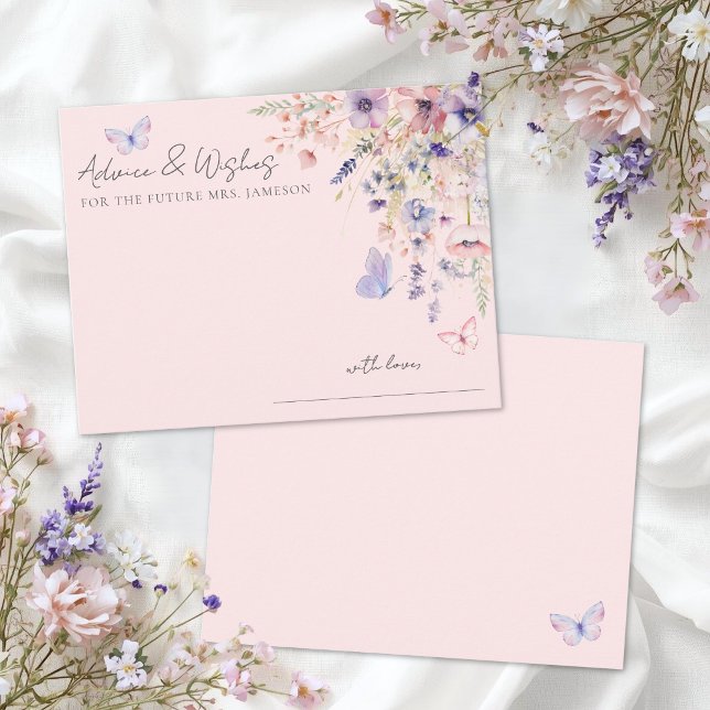 Rosa fjäril Blommig Bröllopsfest rådgivning Tilläggskort (Blush Pink Butterfly Floral Bridal Shower Advice Enclosure Card )