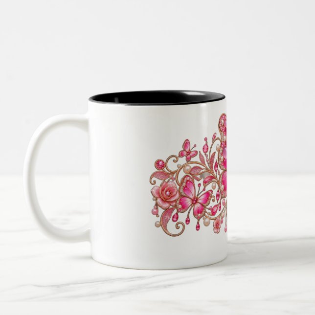 Rosa Fjäril Blommig Design Två-Tonad Mugg (Vänster)