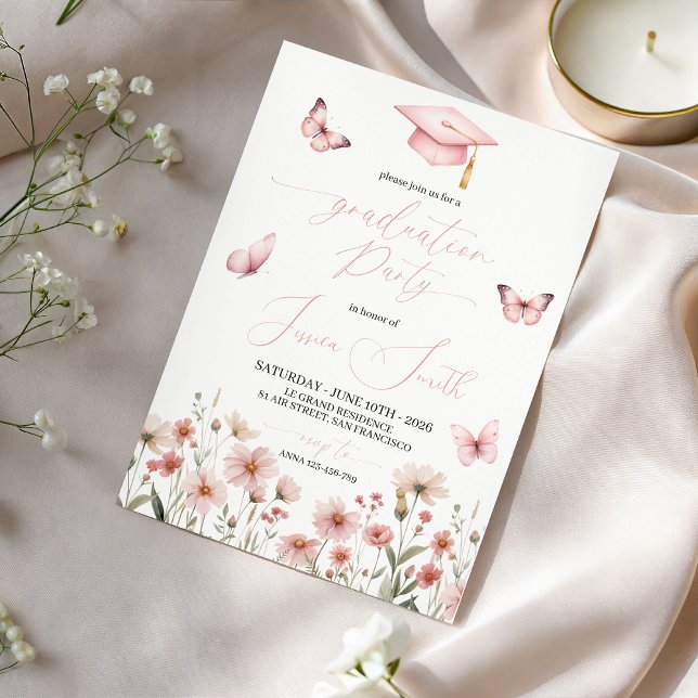 Rosa fjäril Blommig examensinbjudan Inbjudningar (Skapare uppladdad)