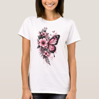 Rosa fjäril blommig t-shirt | Feminina blommönster