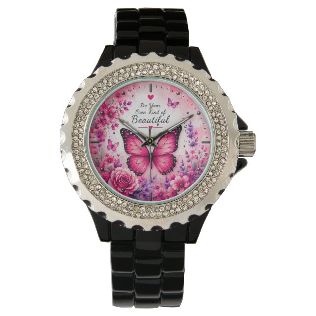 Rosa fjäril damklocka armbandsur (Framsida)