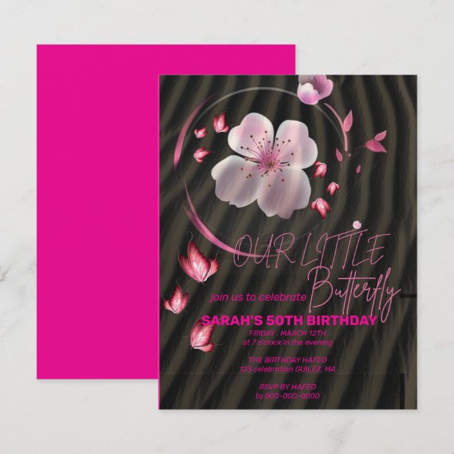 Rosa fjäril födelsedagsinbjudan, flicka fjäril inbjudningar (Fram/baksida)