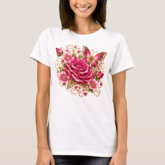 Rosa fjäril glamourös blommig t-shirt