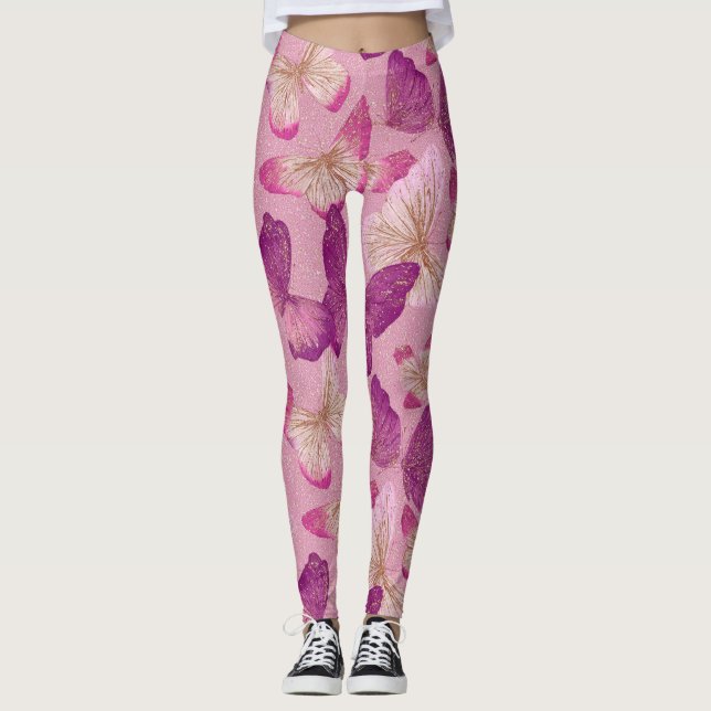 Rosa fjäril glitter sömlöst mönster leggings (Framsida)