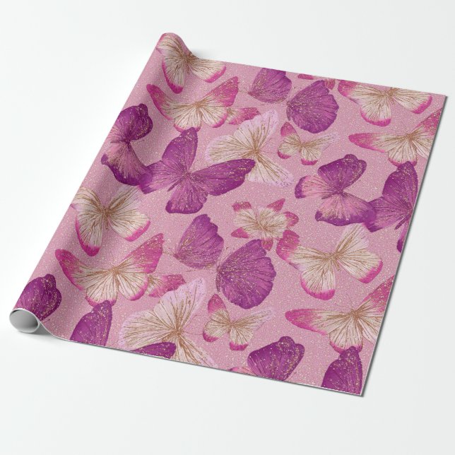 Rosa fjäril glitter sömlöst mönster presentpapper (Utrullad)