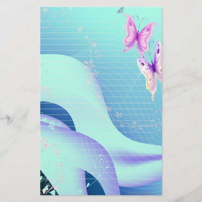Rosa fjäril i vågar av stationära blått brevpapper (Framsida)
