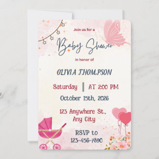Rosa fjäril och barnvagn Baby Girl Shower Inbjudningar