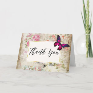 Rosa fjäril och shabby vintage rosor tack kort