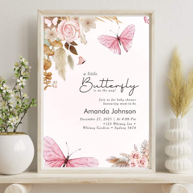 Rosa fjäril Pampas gräs Boho baby shower  Poster (Skapare uppladdad)