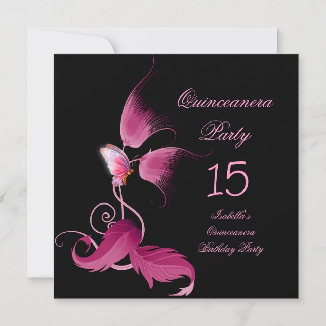 Rosa Fjäril Quinceanera 15 Födelsedagsfest Inbjudningar (Framsida)